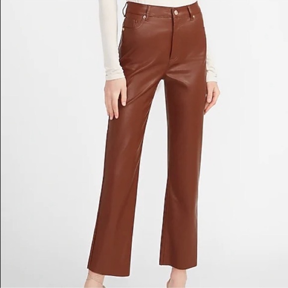 EXPRESS Straight Super High Rise Crop Brown Vegan Faux Leather Pant - Picture 1 of 6